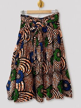 Rainbow African Print Paperbag Waist Midi Skirt Multicolor Tie Waist Size L